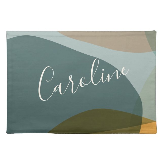 Abstract Shapes in Teal Personalized Script Name   Cloth Placemat (Front)