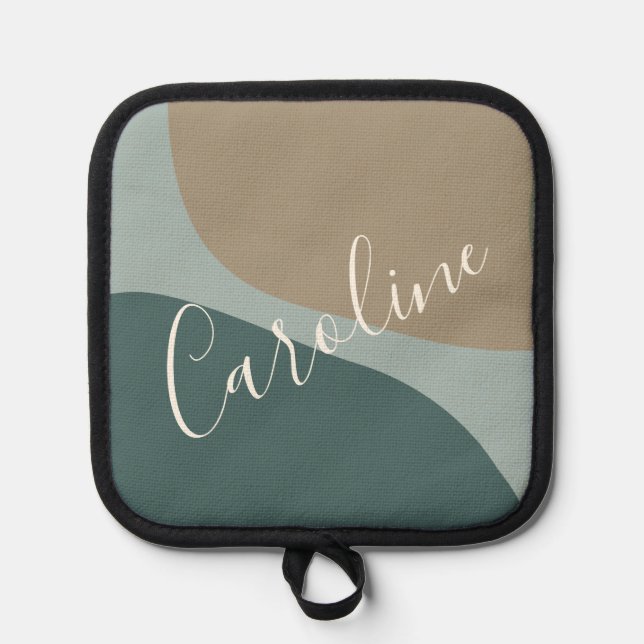 Abstract Shapes in Teal Personalized Script Name Pot Holder (Front)