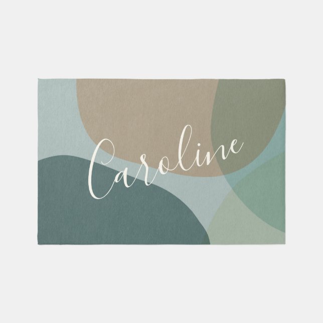 Abstract Shapes in Teal Personalized Script Name Rug (Front)