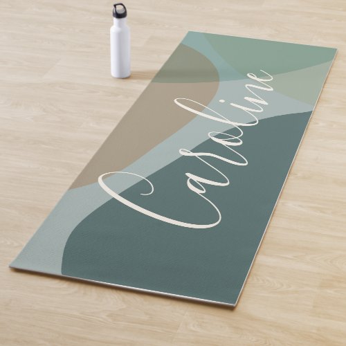 Abstract Shapes in Teal Personalized Script Name  Yoga Mat