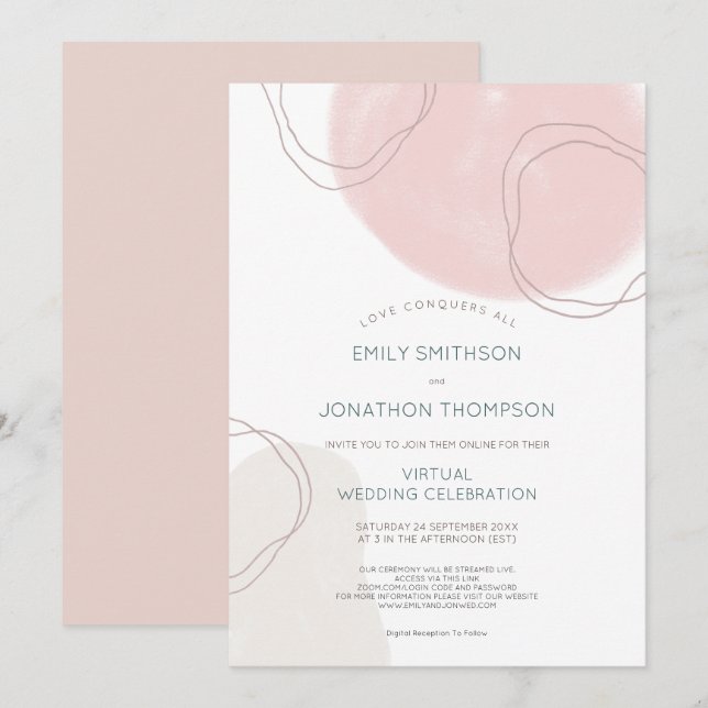 Abstract Shapes Lines Pink Cream Virtual Wedding Invitation (Front/Back)