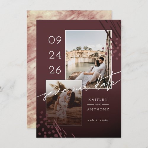 Abstract Shapes Marsala Marble Back  2 Photos Save The Date