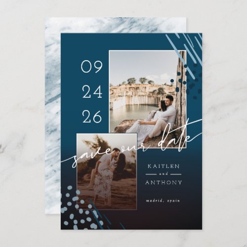 Abstract Shapes Navy Blue Marble Back  2 Photos Save The Date