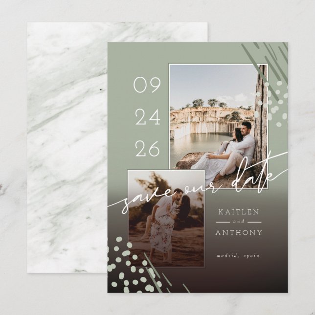 Abstract Shapes Sage Green Marble Back & 2 Photos Save The Date (Front/Back)