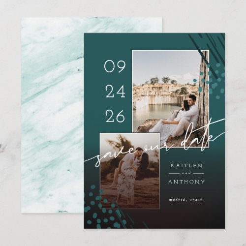 Abstract Shapes Teal Green Marble Back & 2 Photos Save The Date