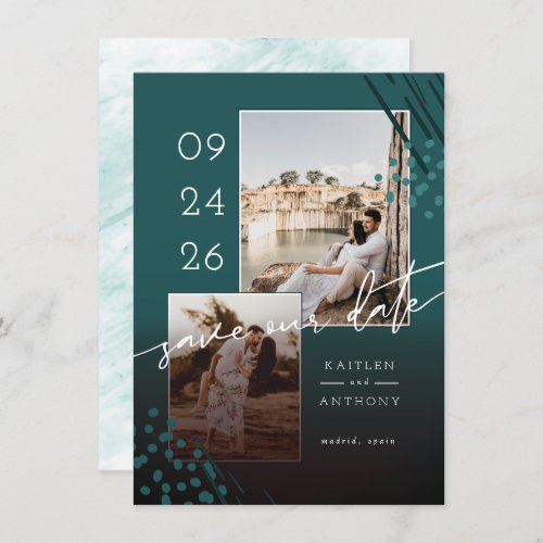 Abstract Shapes Teal Green Marble Back  2 Photos Save The Date