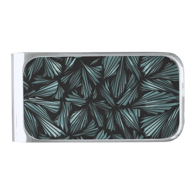 Abstract Shattered Glass Blue Pattern Silver Finish Money Clip (Front)