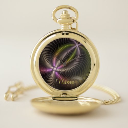 Abstract Shiny Trippy Colorful 3D Fractal Art Name Pocket Watch