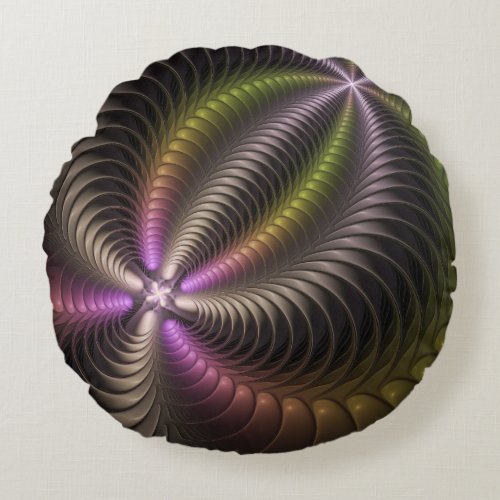 Abstract Shiny Trippy Colorful 3D Fractal Art Round Pillow