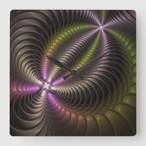Abstract Shiny Trippy Colorful 3D Fractal Art Square Wall Clock