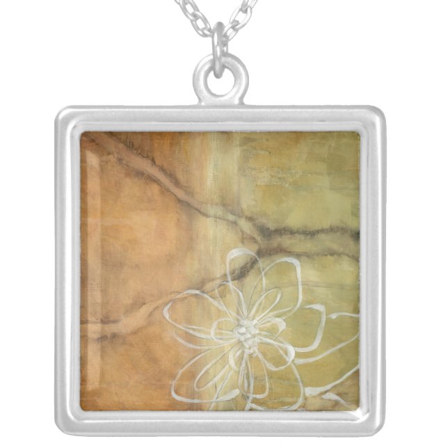 Abstract Silhouette Painting on Tan Background Silver Plated Necklace (Front)
