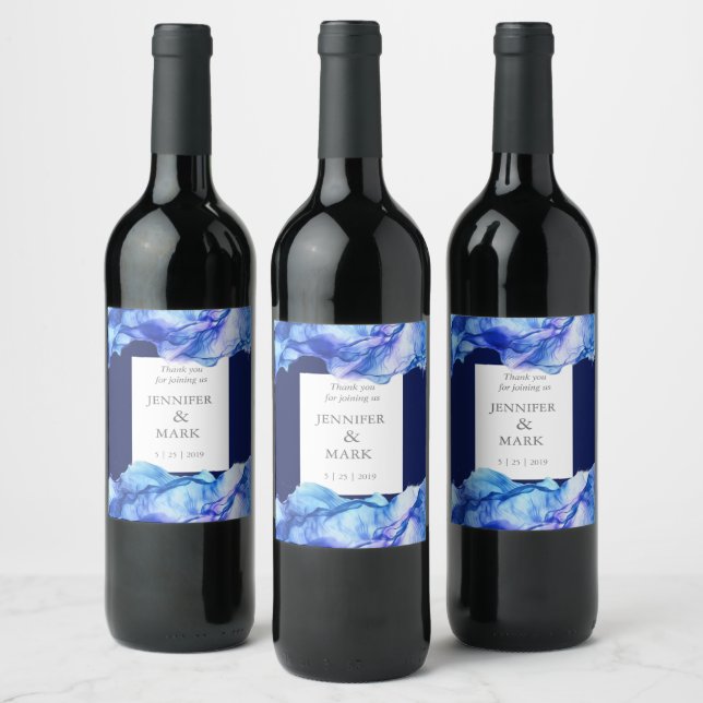 Abstract Silk Blue Wedding Wine Label (Bottles)