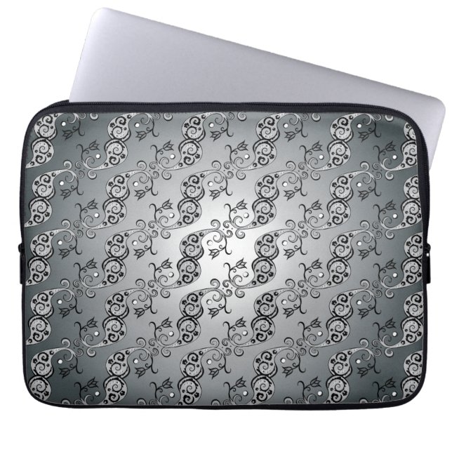 Abstract Silver and black Tulip Boteh Pattern Laptop Sleeve (Front)