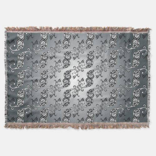 Abstract Silver and black Tulip Boteh Pattern Throw Blanket