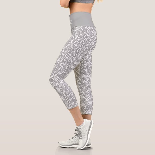 Abstract Silver Gray & White Concentric Hearts Capri Leggings (Left)