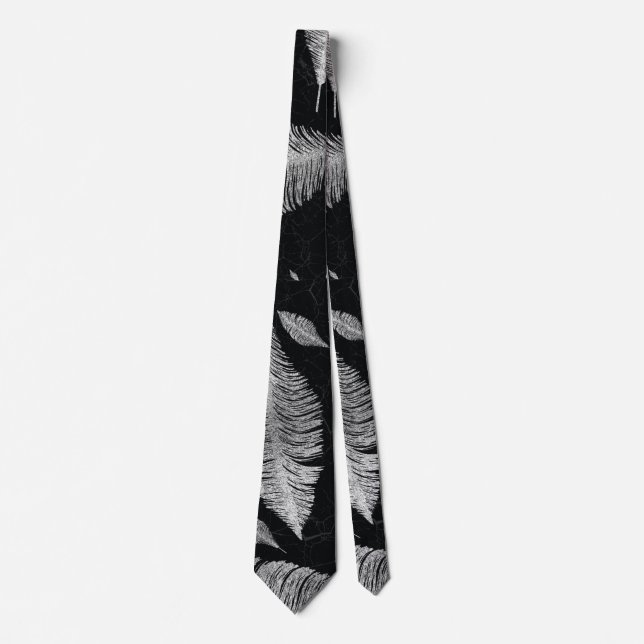 Abstract Silver on black Feather pattern Neck Tie (Front)