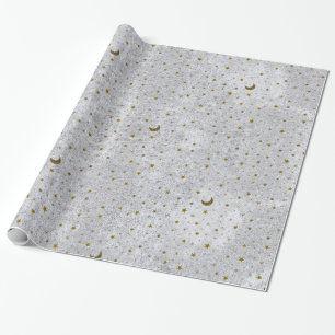 Abstract silver paper with gold stars, moon