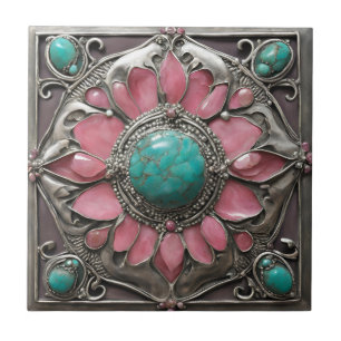 Abstract Silver Pink and turquoise Mosaic Art Ceramic Tile