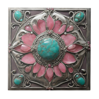 Abstract Silver Pink and turquoise Mosaic Art Ceramic Tile