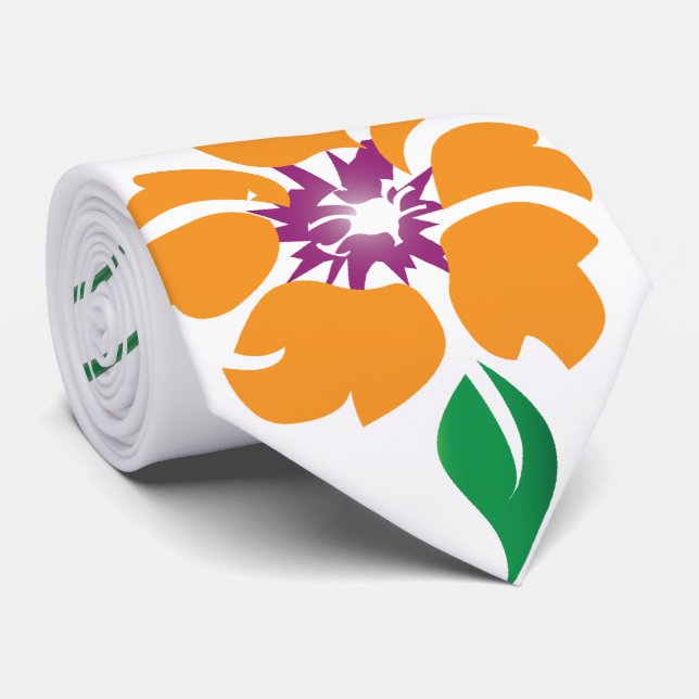 Abstract Single Orange Flower and Leaf Neck Tie (Rolled)