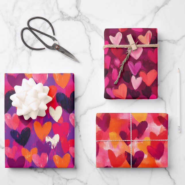 Abstract Sketch Colorful Hearts Wrapping Paper Sheets (Front)