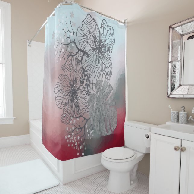Abstract sketched flowers leaves floral gradient p shower curtain (In Situ)