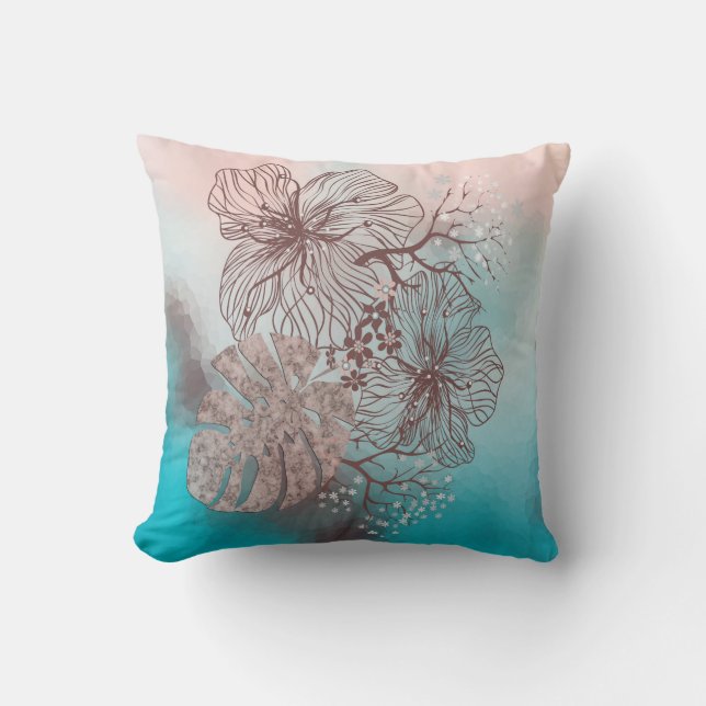 Abstract sketched flowers leaves floral gradient p throw pillow (Front)