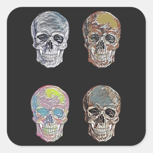 Abstract Skulls Vintage Retro Creepy Tattoo Style Square Sticker