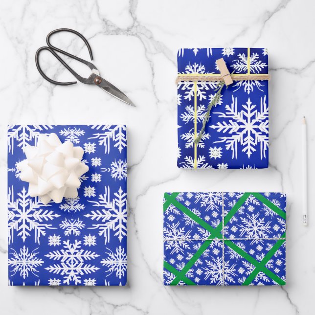 Abstract Snowflakes on Blue Wrapping Paper Sheets (Front)