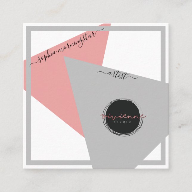 Abstract Social Media Geometric Pink and Gray Square Business Card (Front)