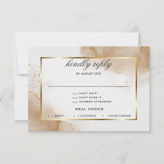 Abstract Soft Brown Gold Marbled RSVP Card (Front)