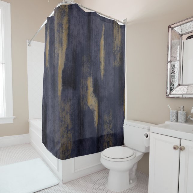 Abstract Soft Hues Deep Blue & Gold Shower Curtain (In Situ)