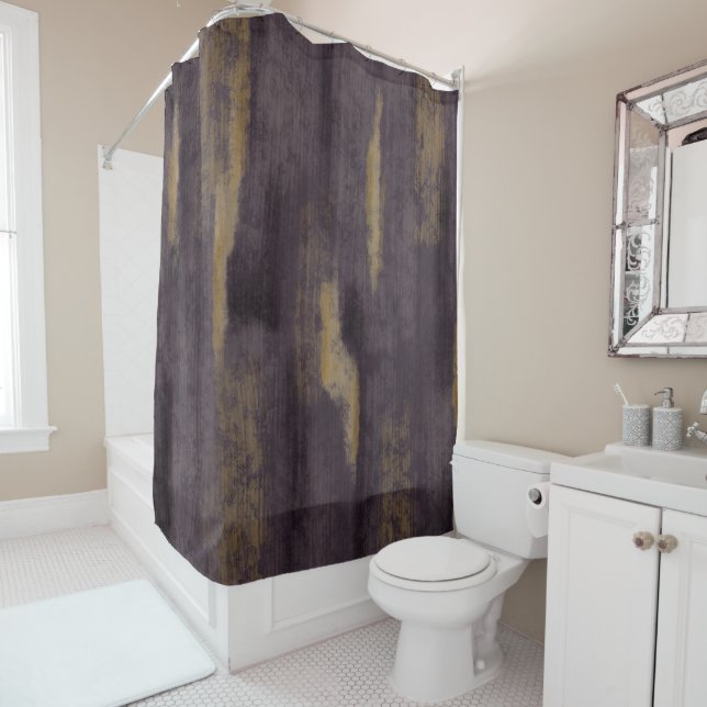 Abstract Soft Hues Deep Plum & Gold Shower Curtain (In Situ)