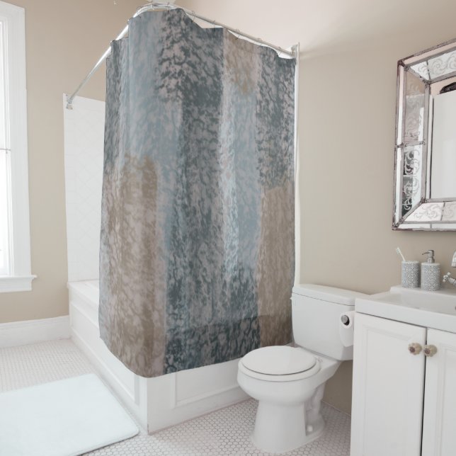 Abstract Soft Hues Gray Beige Steel Blue & Brown Shower Curtain (In Situ)