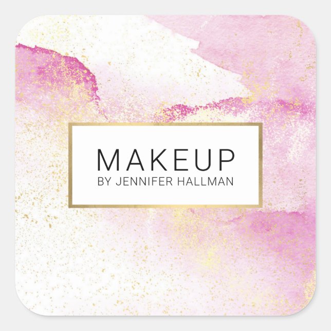 Abstract Soft Pink Watercolor Faux Gold Dust Square Sticker (Front)