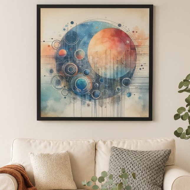 Abstract Solar System Digital Art  Framed Art (Celestial abstract art with cosmic orbits modern wall decor for science lovers and dreamers.)
