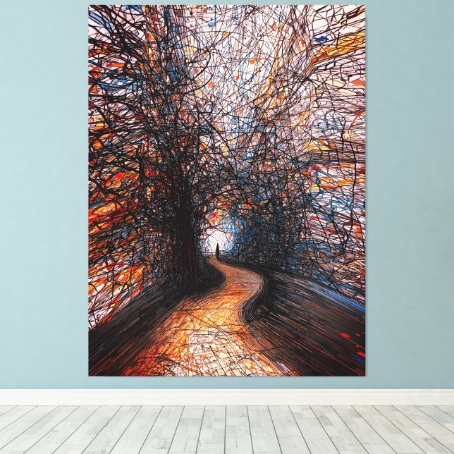 Abstract Solitude Road – Colorful Tree Pathway Canvas Print (Insitu(Wood Floor))