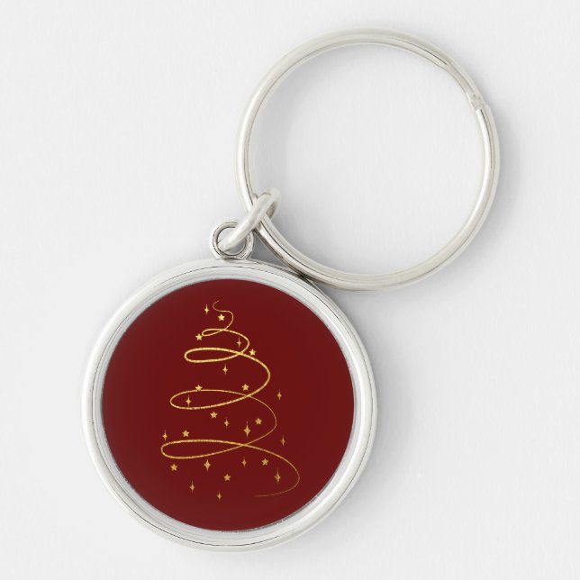 Abstract Sparkling Gold, Burgundy Christmas Tree Keychain (Front)