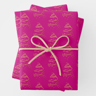 Abstract Sparkling Gold, Magenta Christmas Tree Wrapping Paper Sheets