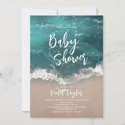 Abstract sparkling moody ocean beach Baby Shower Invitation