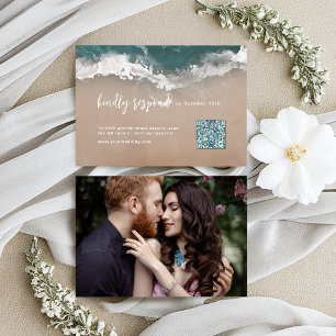 Abstract sparkling moody ocean beach QR code RSVP Card