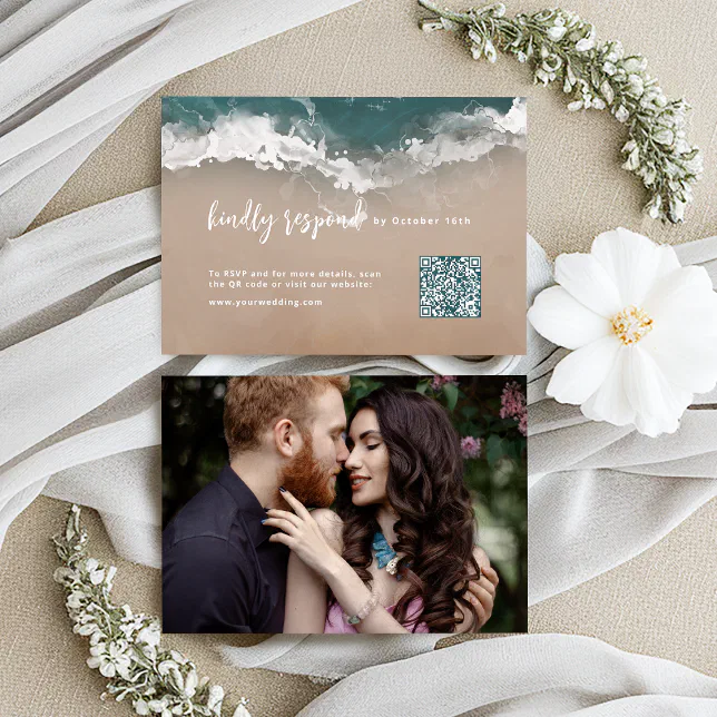 Abstract sparkling moody ocean beach QR code RSVP Card | Zazzle