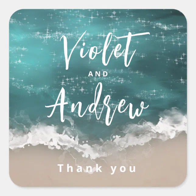 Abstract sparkling moody ocean beach wedding favor square sticker | Zazzle