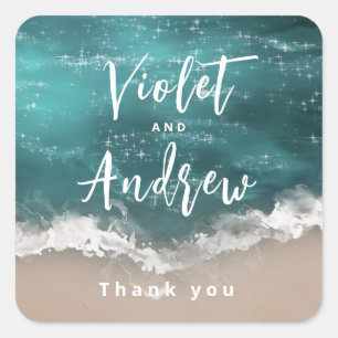 Abstract sparkling moody ocean beach wedding favor square sticker