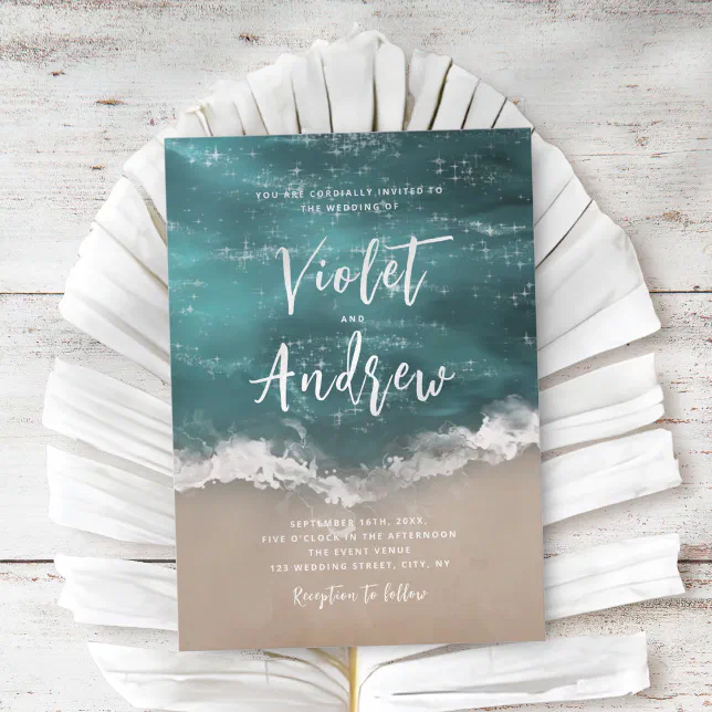 Abstract sparkling moody ocean beach wedding invitation | Zazzle