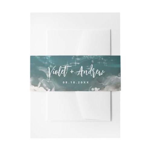 Abstract sparkling moody ocean beach wedding invitation belly band