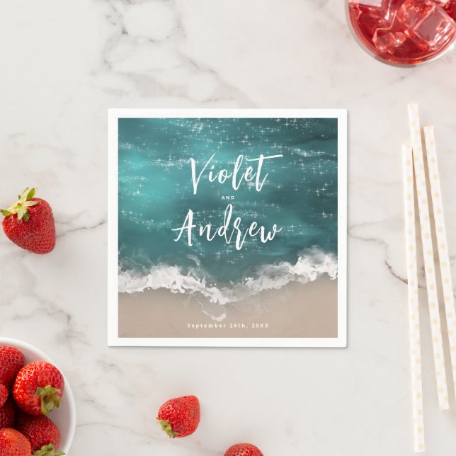 Abstract sparkling moody ocean beach wedding napkins (Insitu)