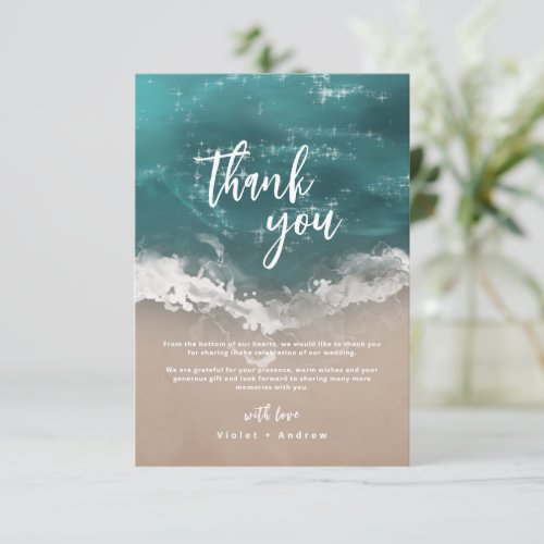 Abstract sparkling moody ocean beach wedding thank you card