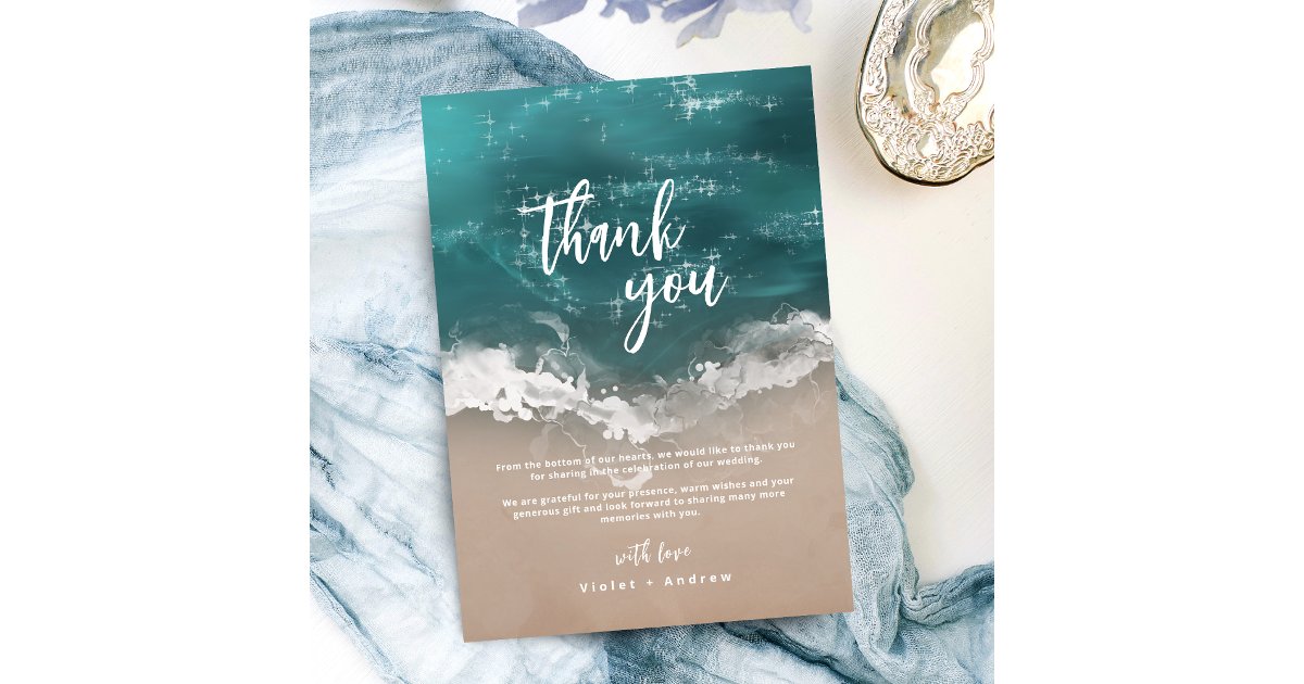 Abstract sparkling moody ocean beach wedding thank you card | Zazzle