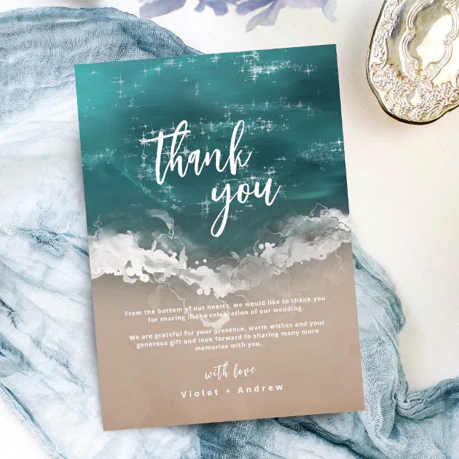 Abstract sparkling moody ocean beach wedding thank you card | Zazzle